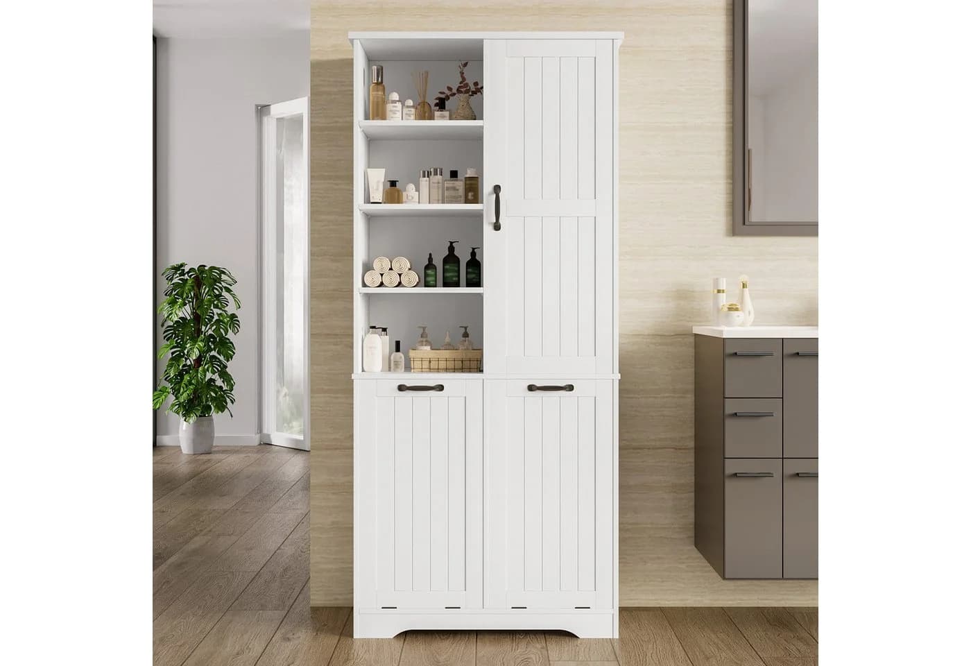 REDOM Hochschrank Badezimmerschrank Weiß mit Wäschekorb