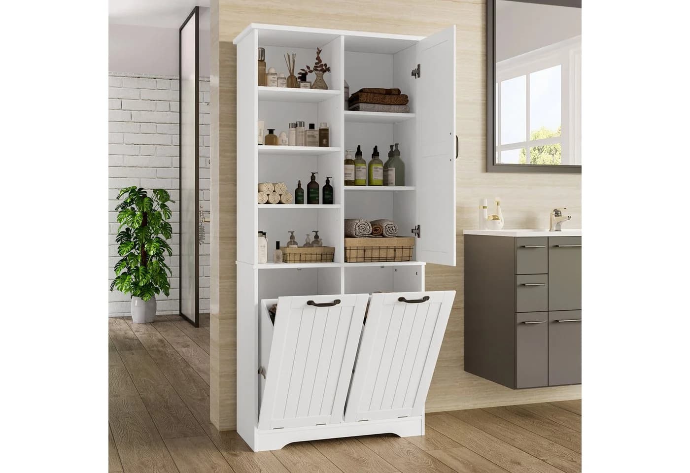 REDOM Hochschrank Badezimmerschrank Weiß mit Wäschekorb - Bild 2