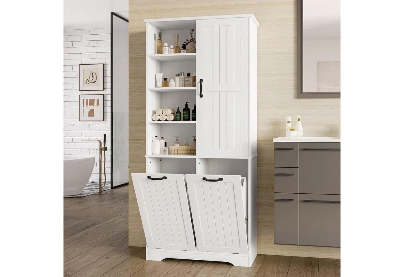 REDOM Hochschrank Badezimmerschrank Weiß mit Wäschekorb - Bild 4