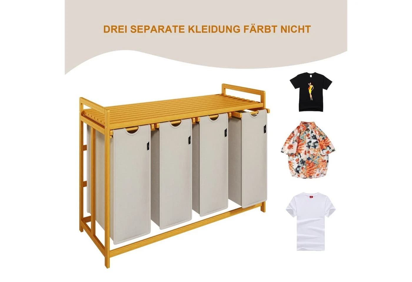 AdelDream Wäschekorb mit Bambusrahmen Grau 200l 4 Fächer - Bild 3