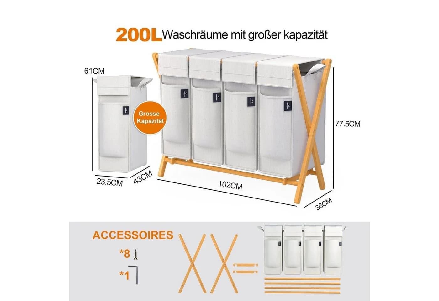 AdelDream Wäschekorb Bambus 2x50L Grau Wäschesammler - Bild 3