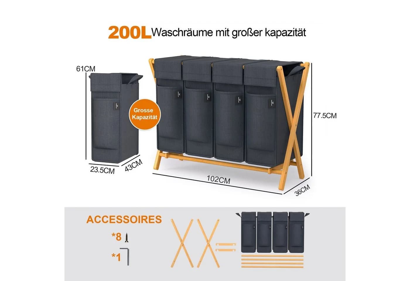 AdelDream Wäschekorb Bambus Grau 2x50L Sortiersystem - Bild 3