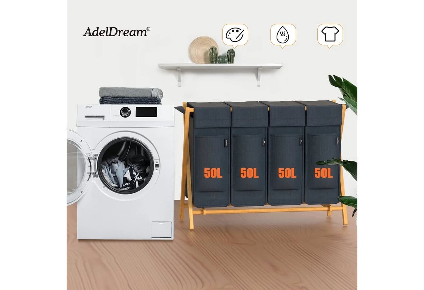 AdelDream Wäschekorb Bambus Grau 2x50L Sortiersystem - Bild 4