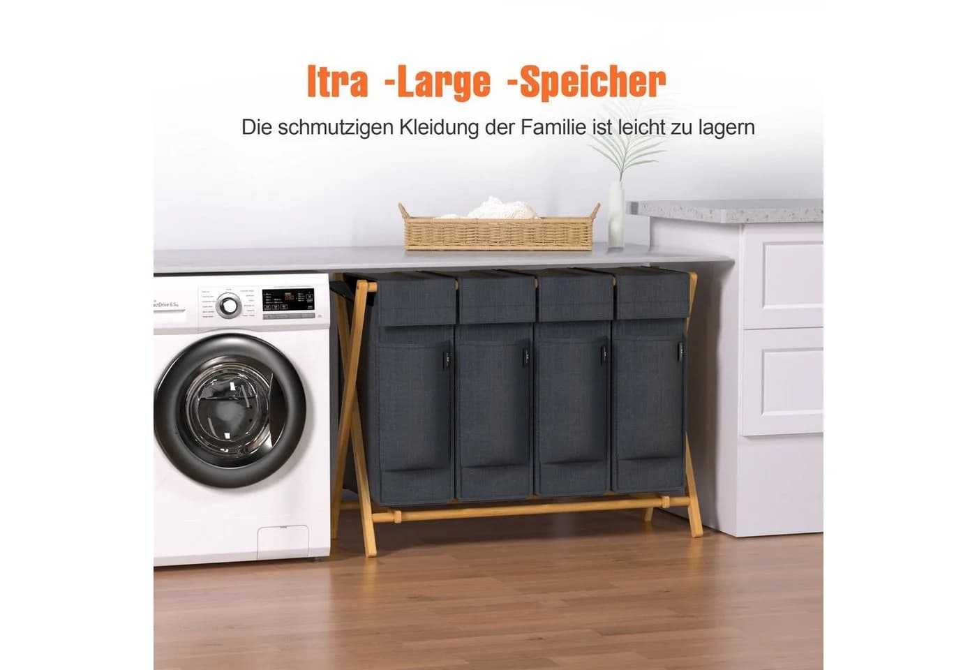AdelDream Wäschekorb Bambus Grau 2x50L Sortiersystem - Bild 5