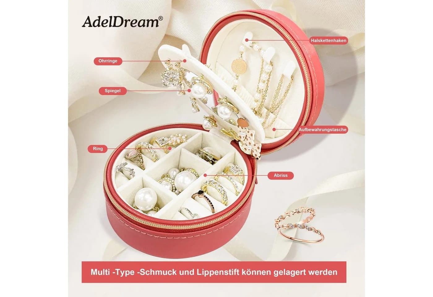 AdelDream Schmuckkasten Mini Reise-Schmuckschatulle Rosa Blau Rot - Bild 5
