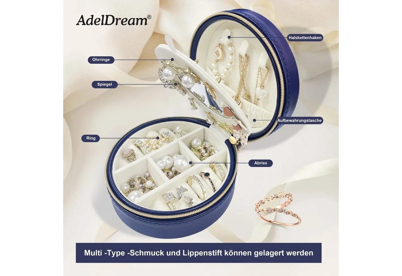 AdelDream Reise-Schmuckkasten Mini PU-Leder Blau - Bild 1
