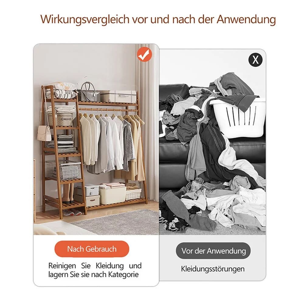 WAOHO Multifunktionaler Bambus-Kleiderständer mit 9 Fächern und 2 Bügelstangen - Bild 5
