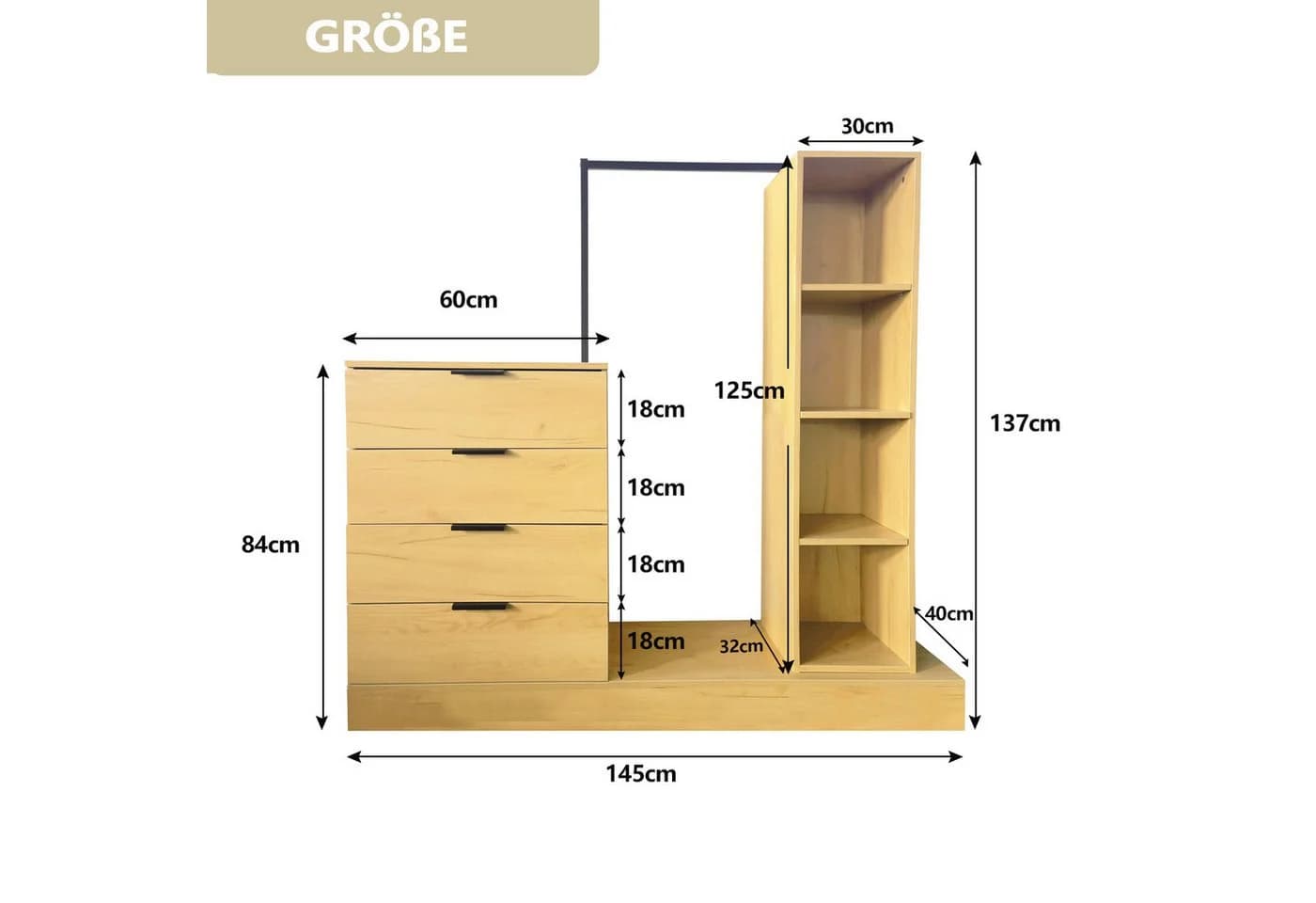 WAOHO Garderoben-Set Schubladenkommode mit Kleiderstange