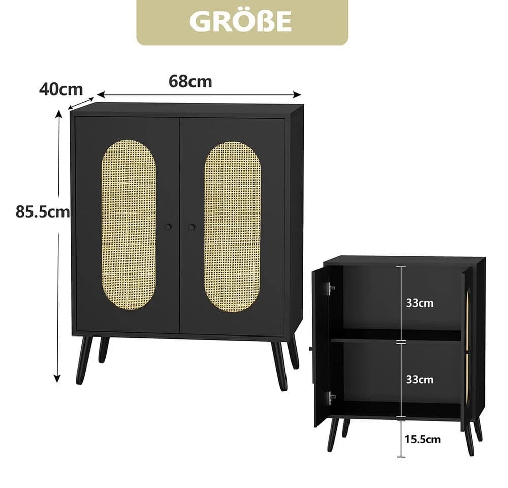 WAOHO Kommode Sideboard Rattan-Optik Schwarz 2-türig