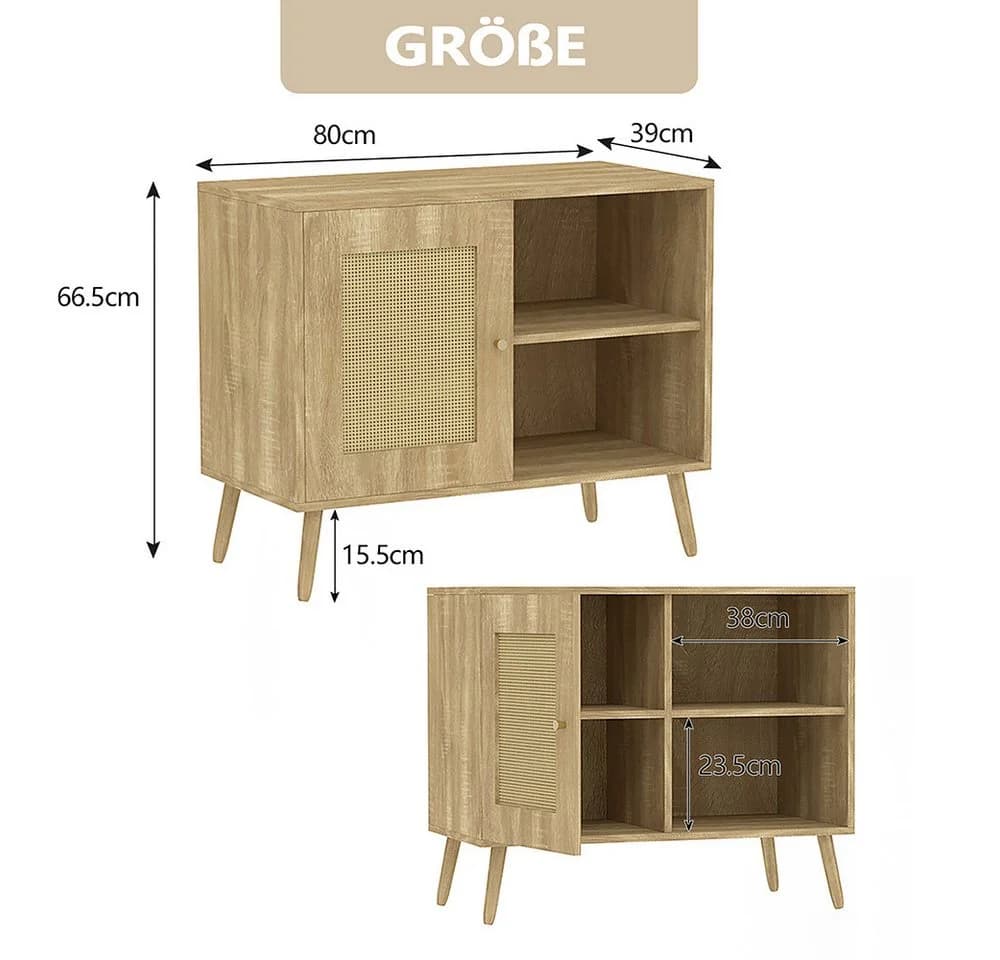WAOHO Sideboard mit Rattantür Beige MDF 1 Tür