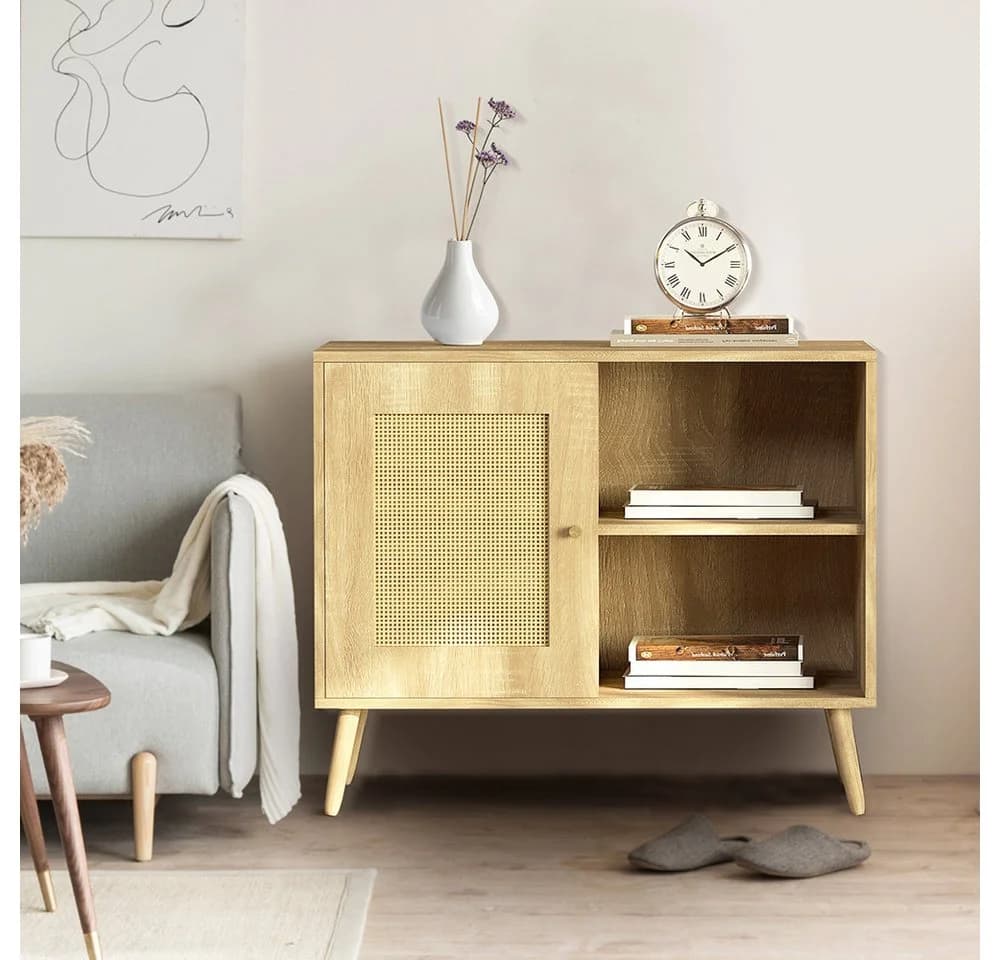 WAOHO Sideboard mit Rattantür Beige MDF 1 Tür - Bild 5