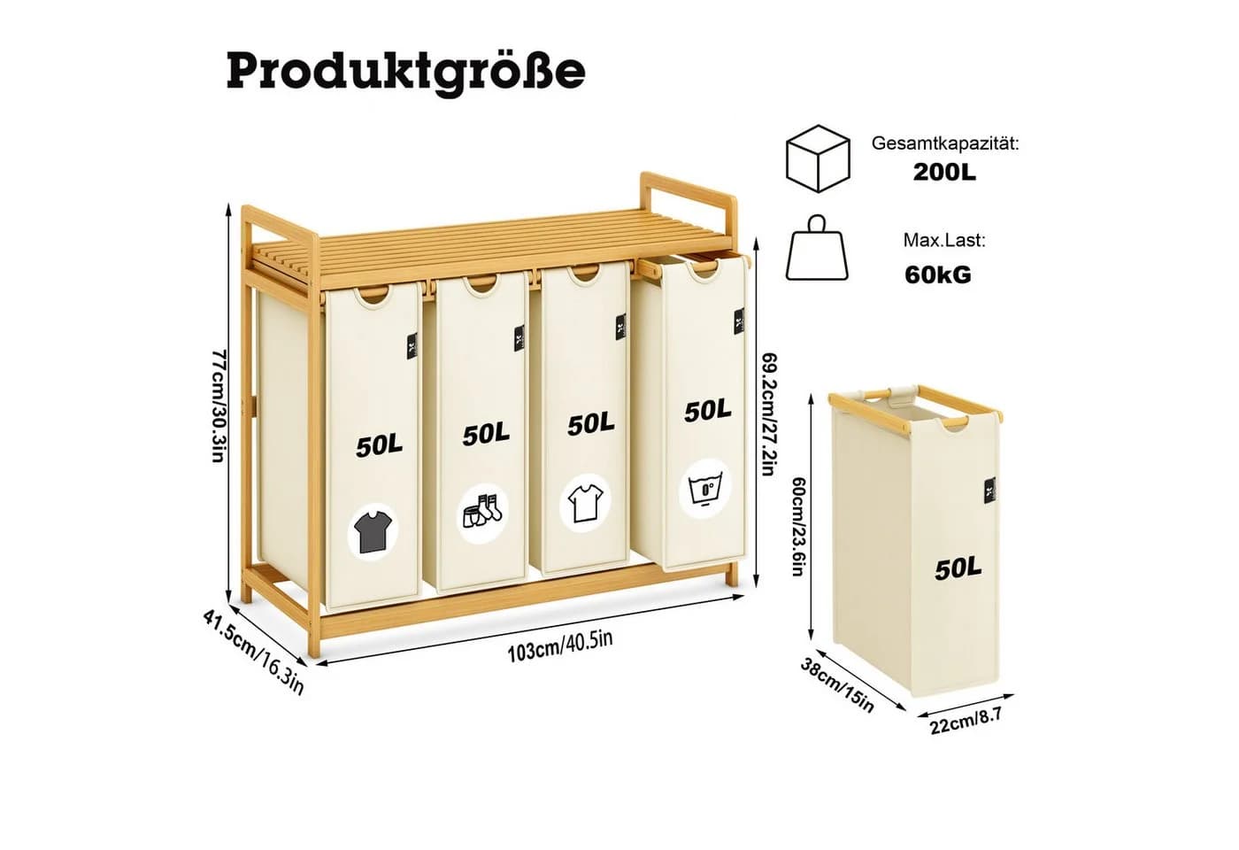 AdelDream Wäschekorb Bambusrahmen 200 l 4 Fächer Beige