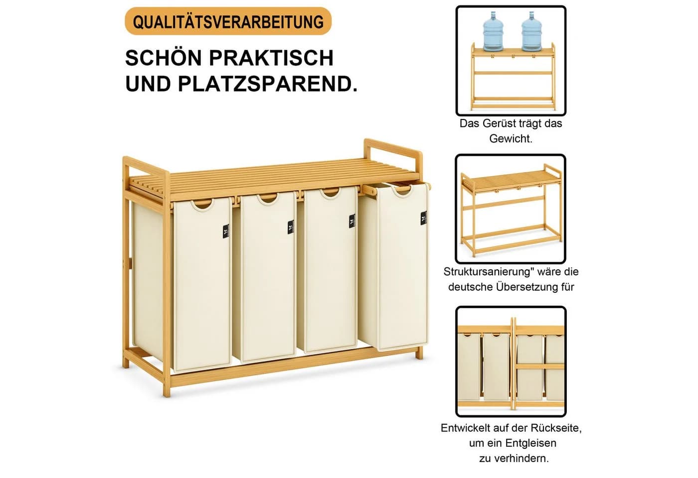 AdelDream Wäschekorb Bambusrahmen 200 l 4 Fächer Beige - Bild 3