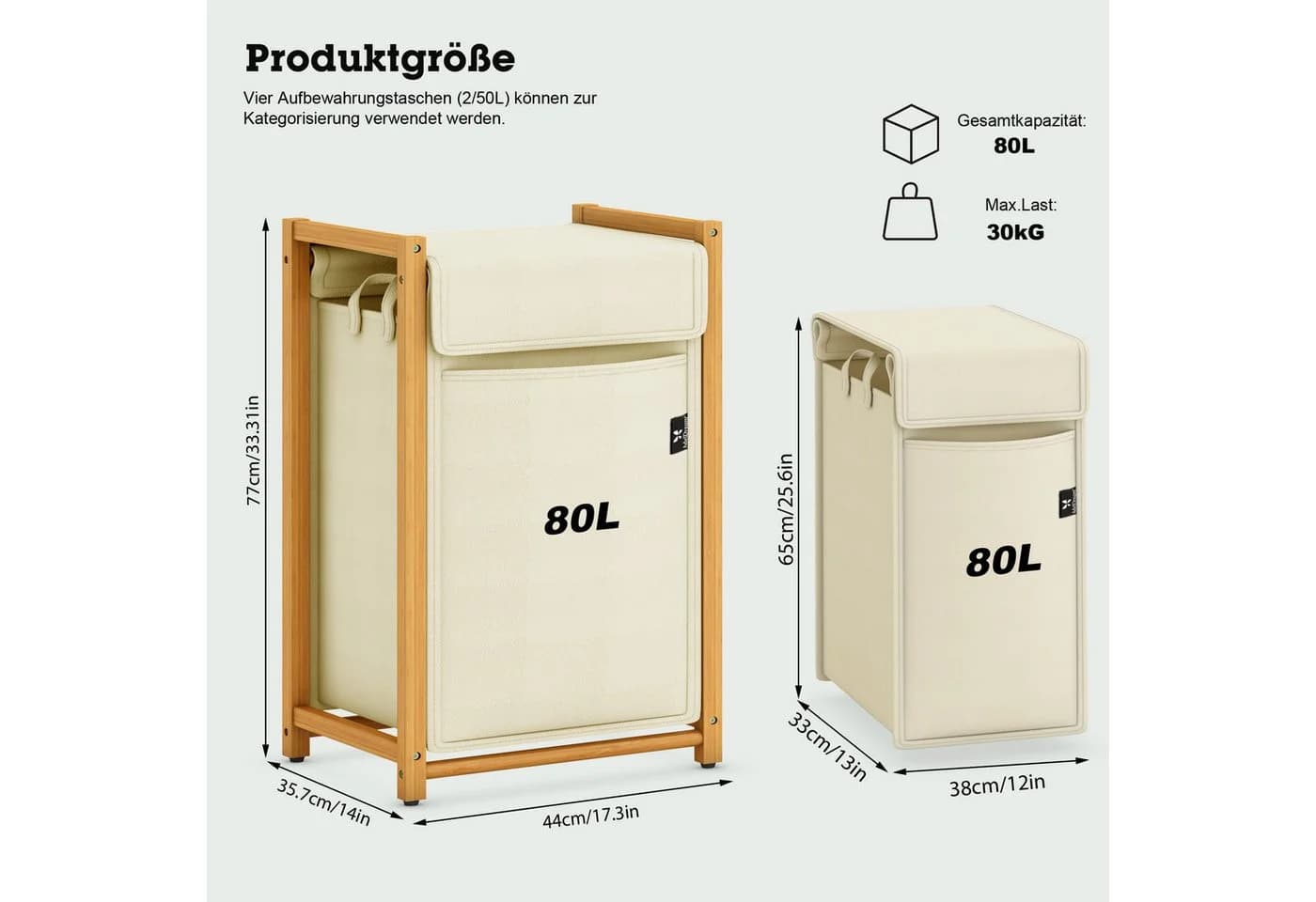 AdelDream Ausziehwäschekorb Bambus Wäschesammler Beige Multifunktional