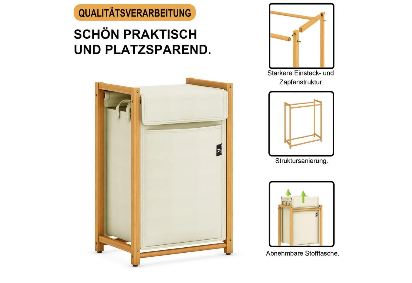 AdelDream Ausziehwäschekorb Bambus Wäschesammler Beige Multifunktional - Bild 3