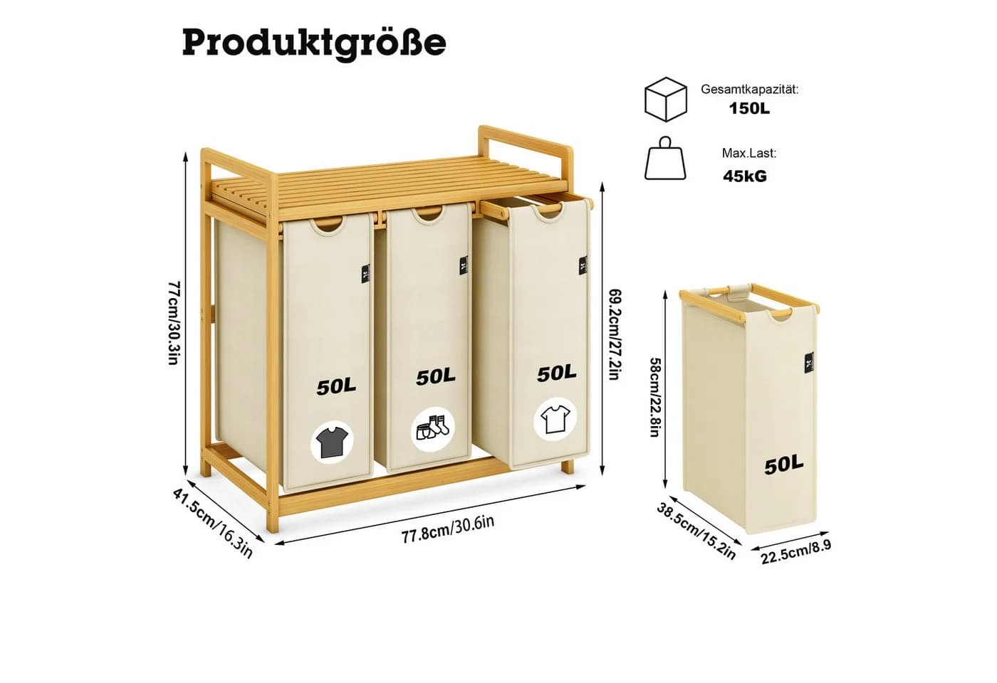 AdelDream Wäschekorb mit Bambusrahmen 3 Fächer Beige