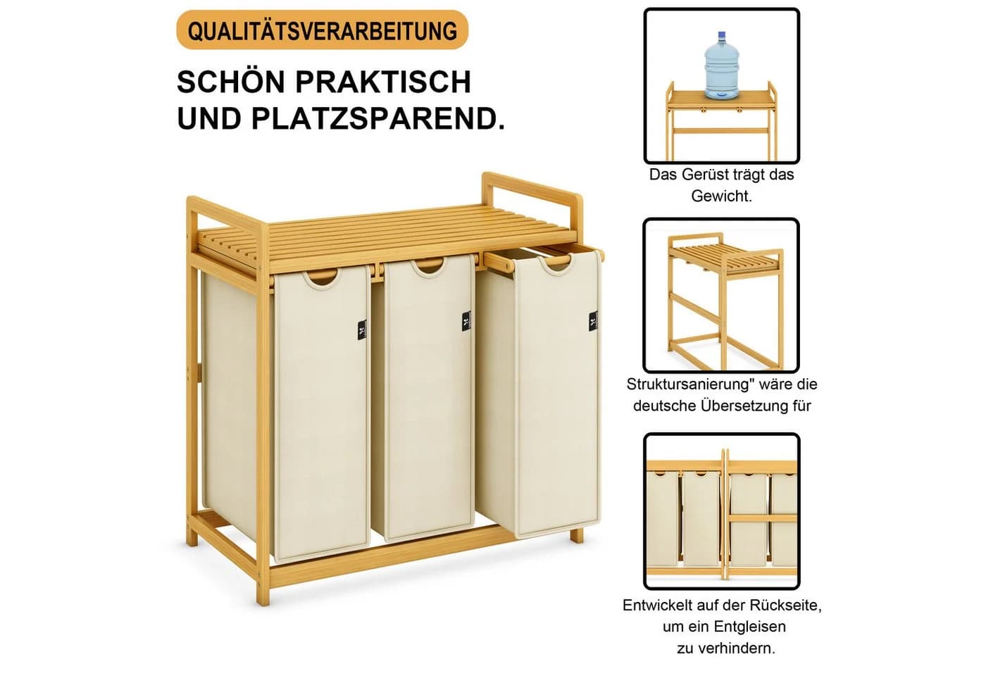 AdelDream Wäschekorb mit Bambusrahmen 3 Fächer Beige - Bild 3