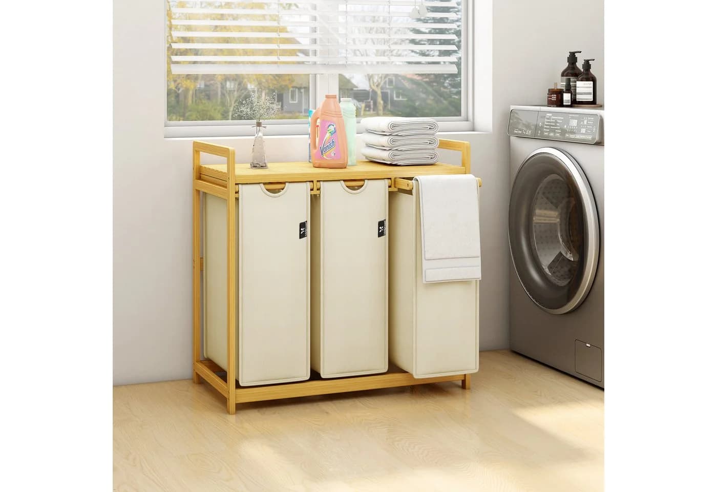 AdelDream Wäschekorb mit Bambusrahmen 3 Fächer Beige - Bild 4
