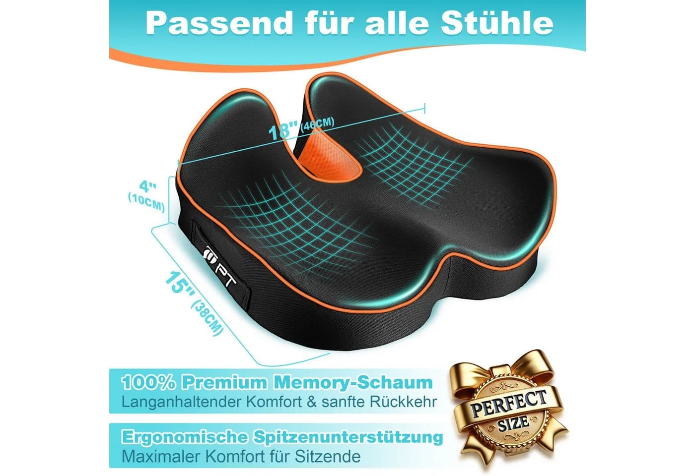 POPOLIC Ergonomisches Sitzkissen Orange/Schwarz Memory-Schaum - Bild 3