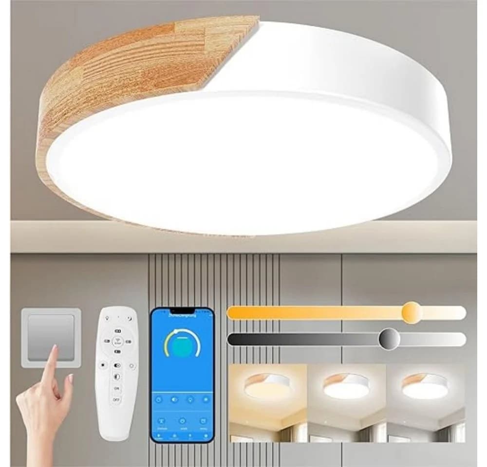 POPOLIC LED Deckenleuchte 24-W Dimmbar Holz 3000K-6000K Weiß - Bild 2