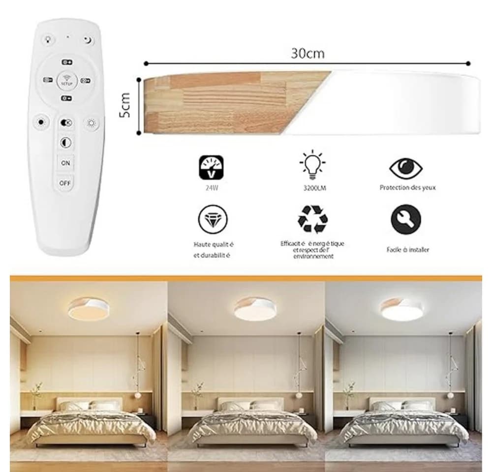 POPOLIC LED Deckenleuchte 24-W Dimmbar Holz 3000K-6000K Weiß - Bild 3