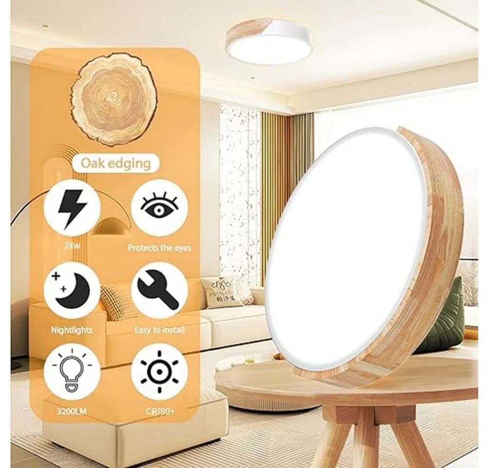POPOLIC LED Deckenleuchte 24-W Dimmbar Holz 3000K-6000K Weiß - Bild 4