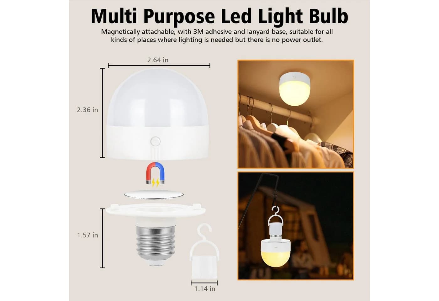 POPOLIC LED-Leuchtmittel Wiederaufladbare Glühbirne mit Timer und Fernbedienung, dimmbare, B22, 1 St., mit Magnetsockel, abnehmbare B22-Lade-LED-Glühbirne, 3 Farbtemperaturen - Bild 4