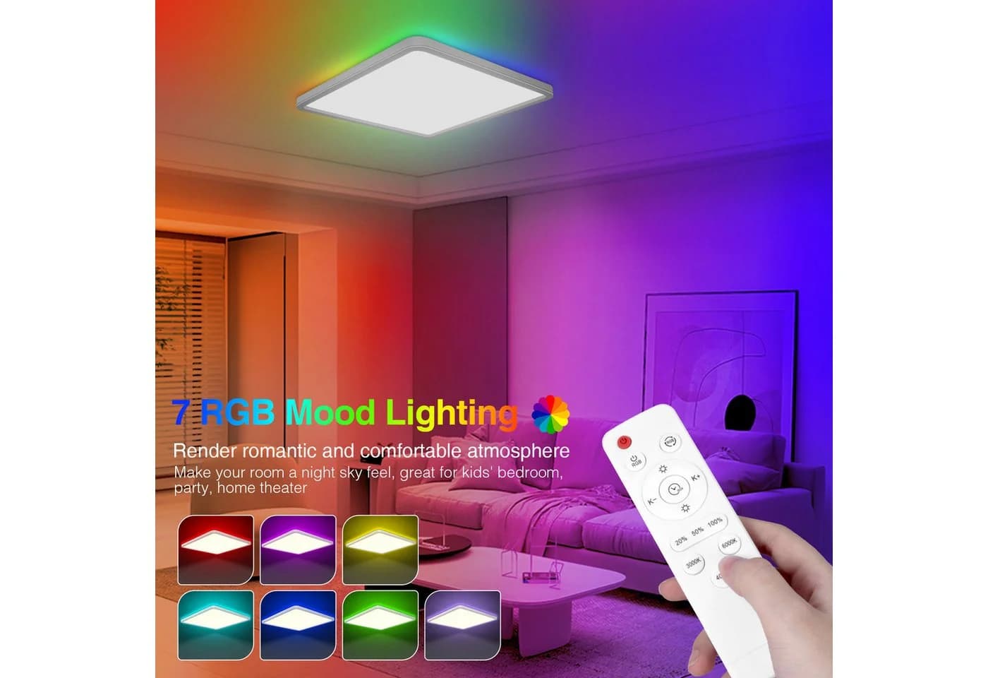 POPOLIC LED Deckenleuchte 24W RGB Farbwechsel Deckenbeleuchtung 3000K-6500K, dimmbar, 3200 lm, Badezimmer-Deckenleuchte mit Fernbedienung, Quadrat - Bild 3