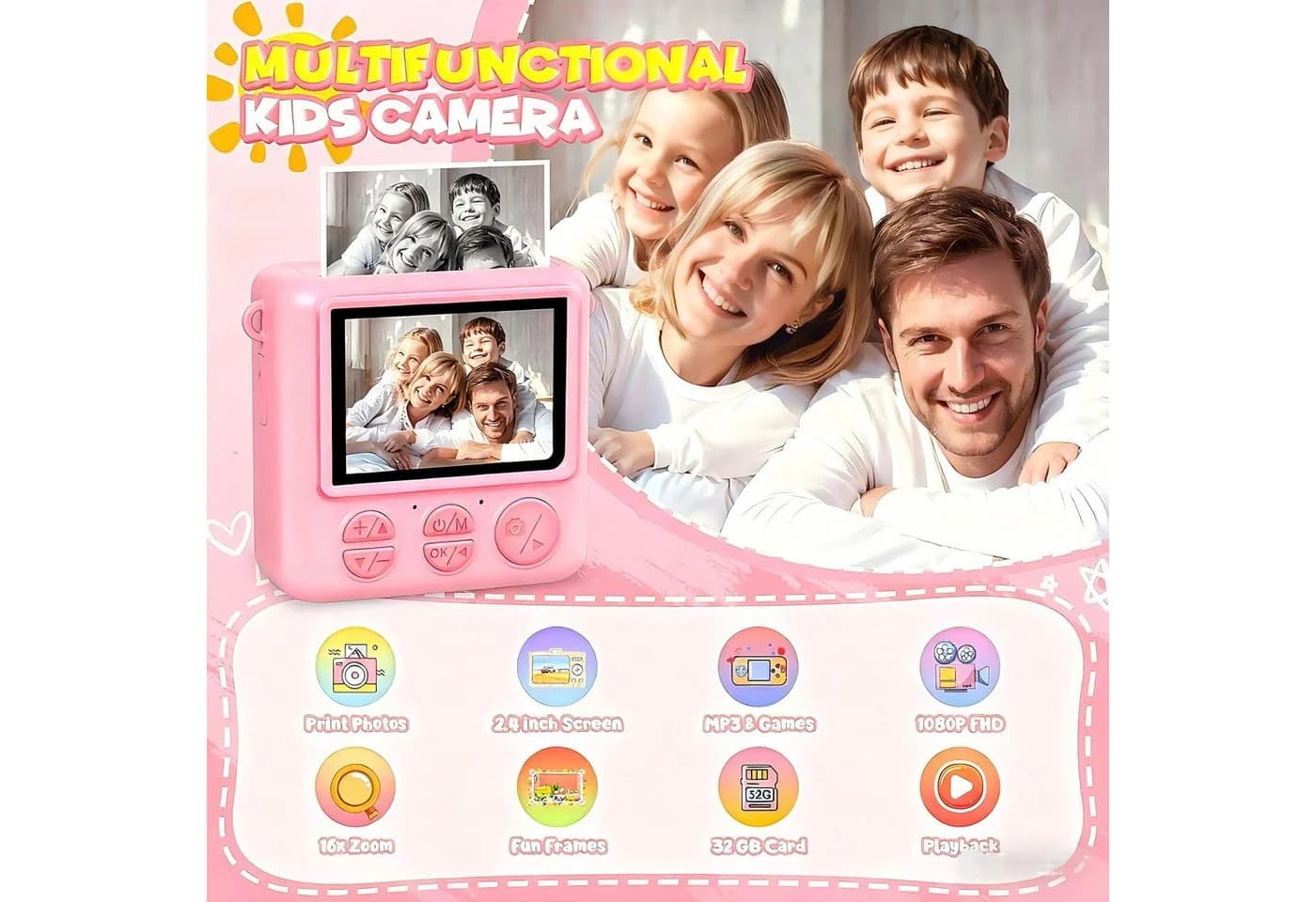 POPOLIC Sofortbildkamera Kinderkamera 1080P 2,4 Zoll Bildschirm Rosa