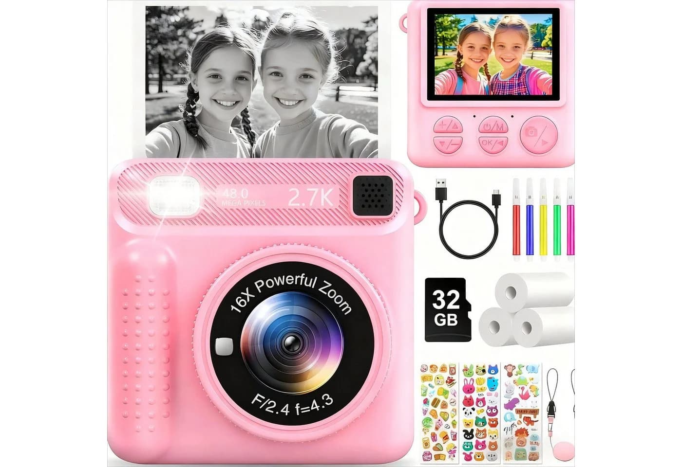 POPOLIC Sofortbildkamera Kinderkamera 1080P 2,4 Zoll Bildschirm Rosa - Bild 2