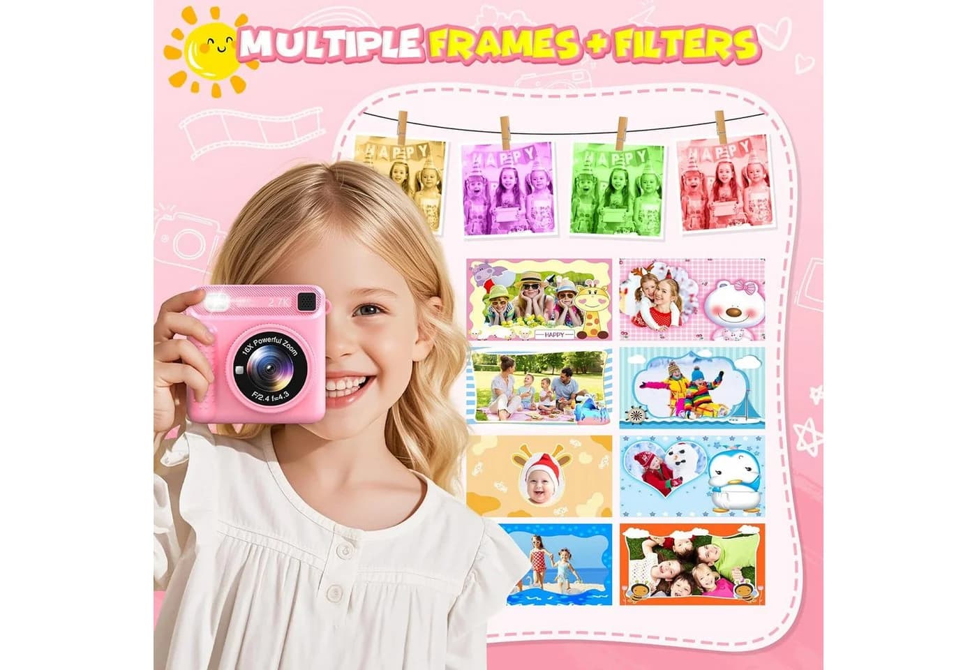 POPOLIC Sofortbildkamera Kinderkamera 1080P 2,4 Zoll Bildschirm Rosa - Bild 4