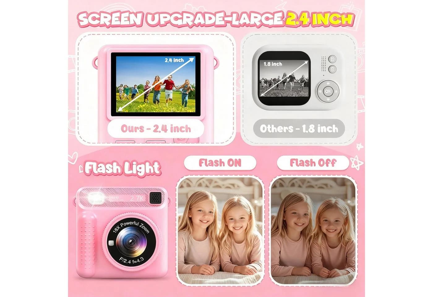 POPOLIC Sofortbildkamera Kinderkamera 1080P 2,4 Zoll Bildschirm Rosa - Bild 5