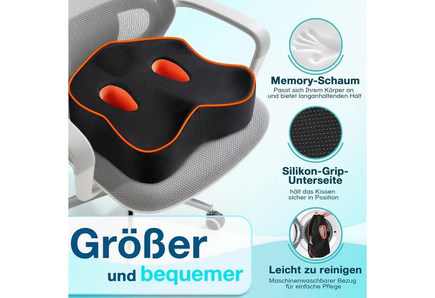 POPOLIC Sitzkissen Ergonomisches Memory Foam Sitzkissen für Bürostühle, Gaming-Stuhl, Rollstuhl und Autositz - Bild 5