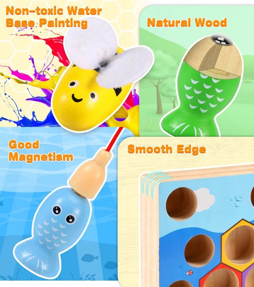 POPOLIC Magnetisches Angelspiel & Bienensortierspielzeug Montessori Holz