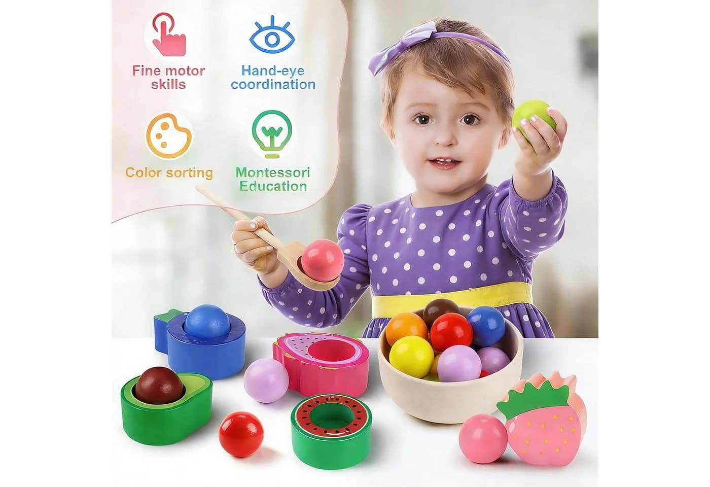 POPOLIC Montessori Lernspielzeug Obst aus Massivholz Bunt - Bild 3
