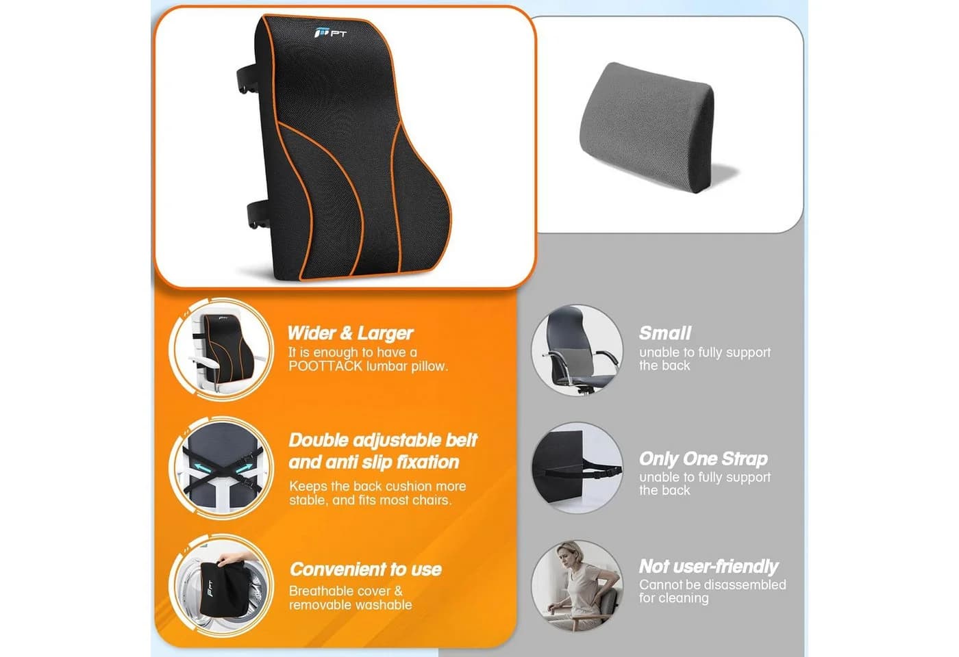 POPOLIC Rückenkissen Lendenkissen mit Memory-Schaum Ergonomische Lordosenstütze für Auto, Büro und Gaming - Bild 5