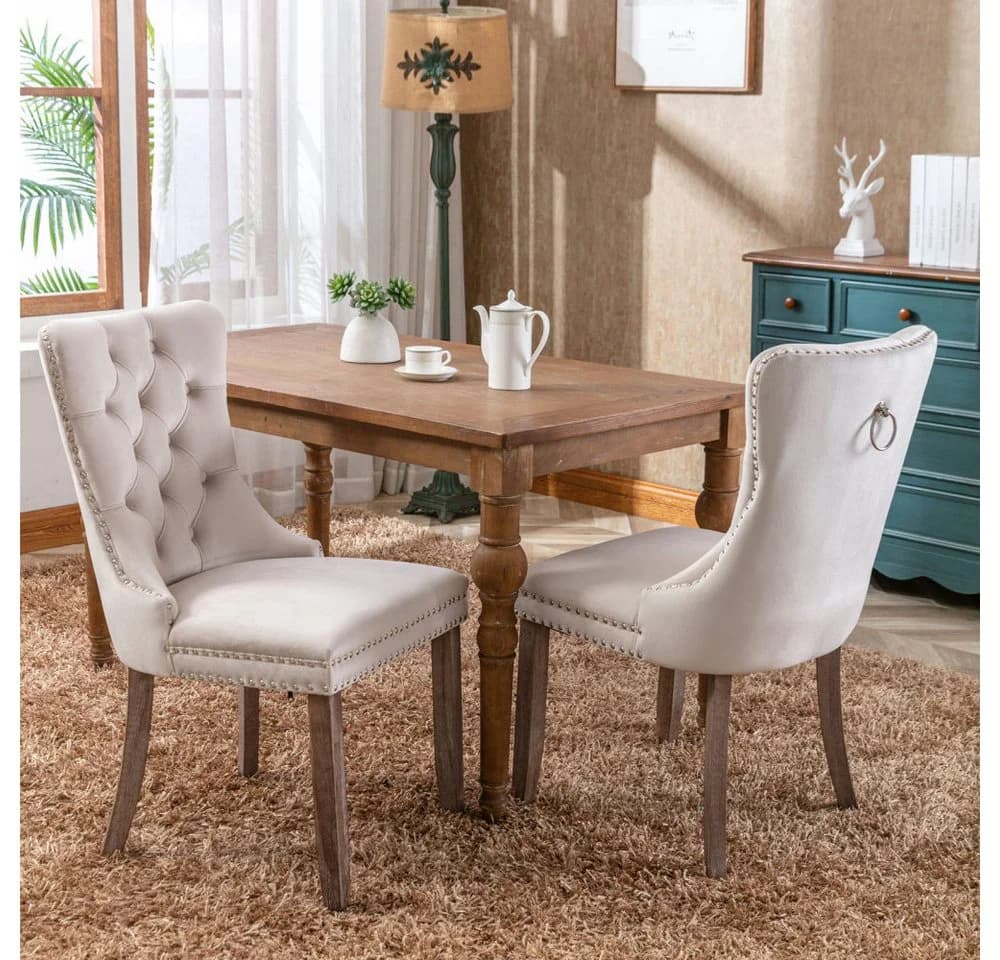 BBG Esszimmerstuhl 2er Set Samt Chesterfield Beige