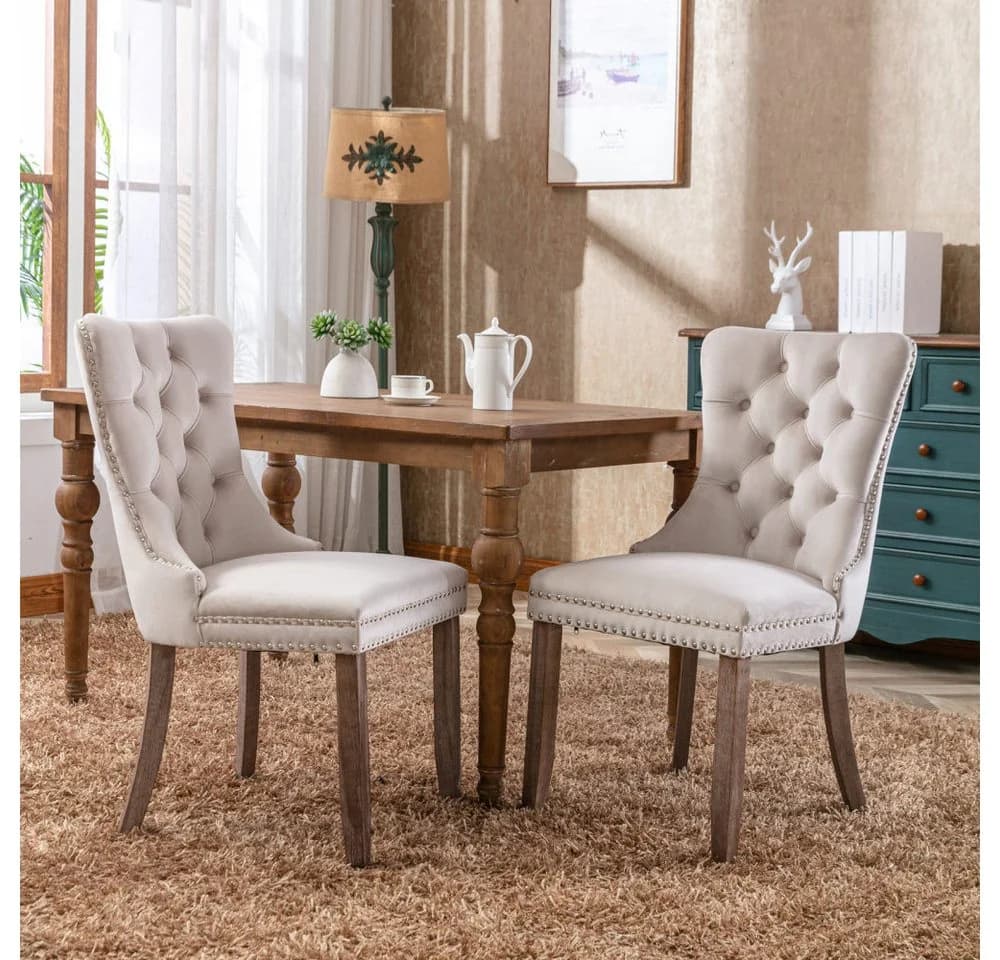 BBG Esszimmerstuhl 2er Set Samt Chesterfield Beige - Bild 2