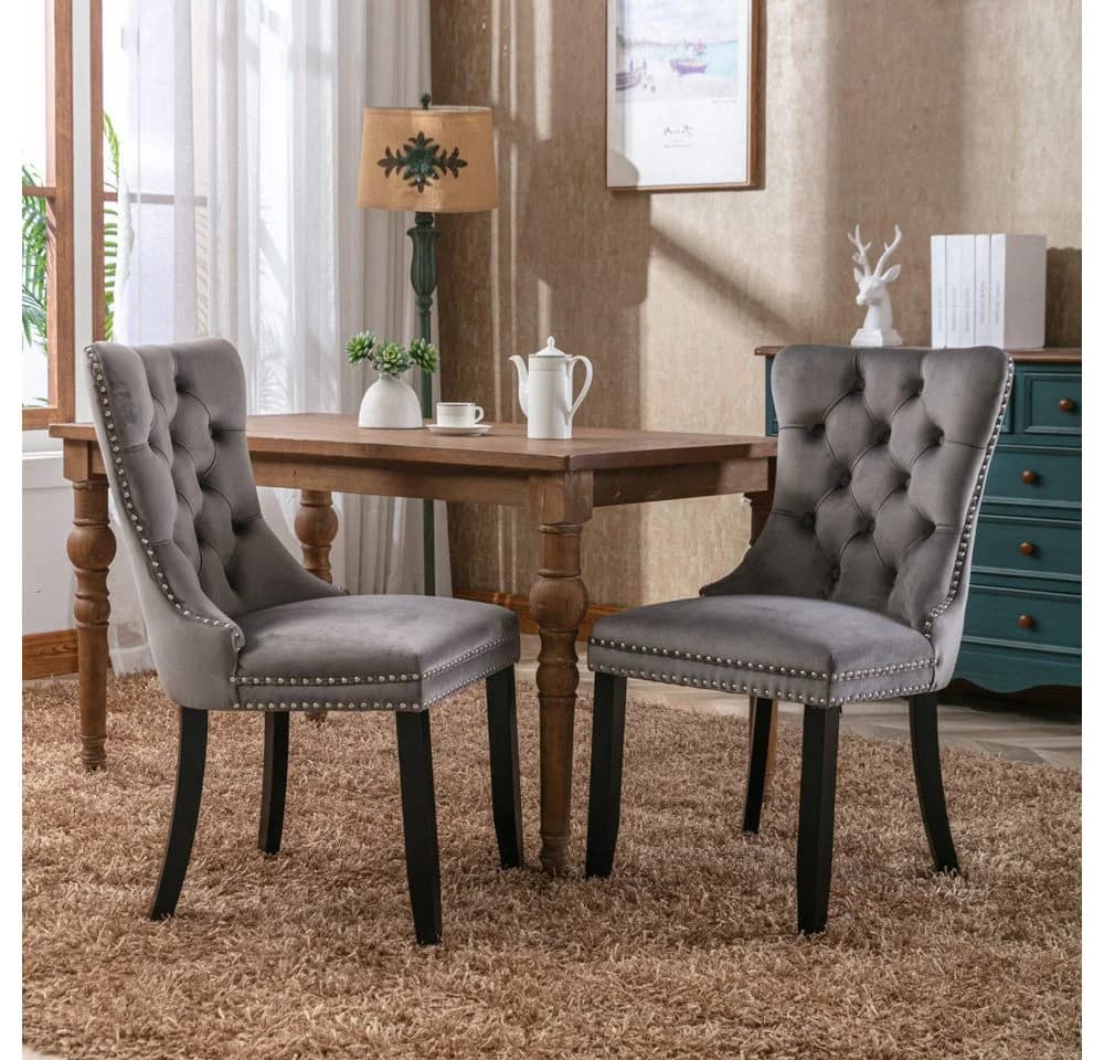 BBG Esszimmerstuhl 2er Set Samt Chesterfield Grau Schwarz Massivholz - Bild 2