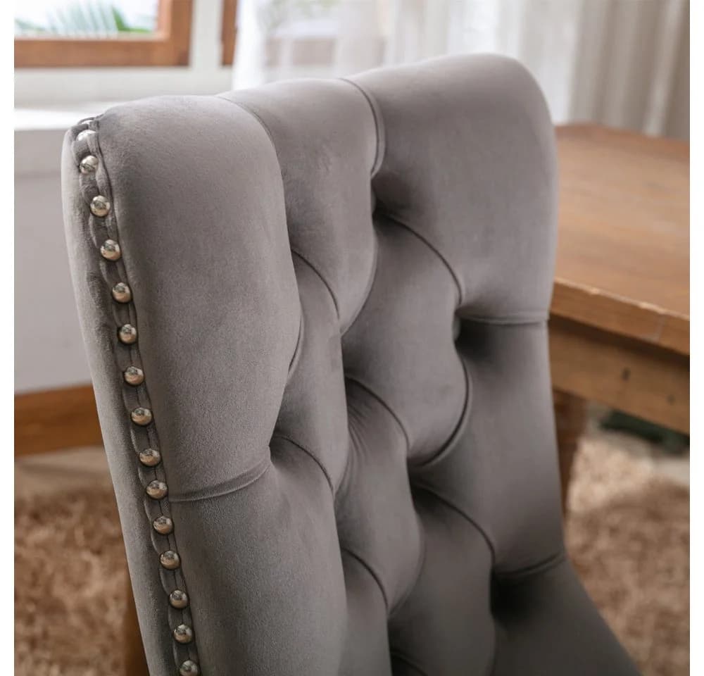 BBG Esszimmerstuhl 2er Set Samt Chesterfield Grau Schwarz Massivholz - Bild 5
