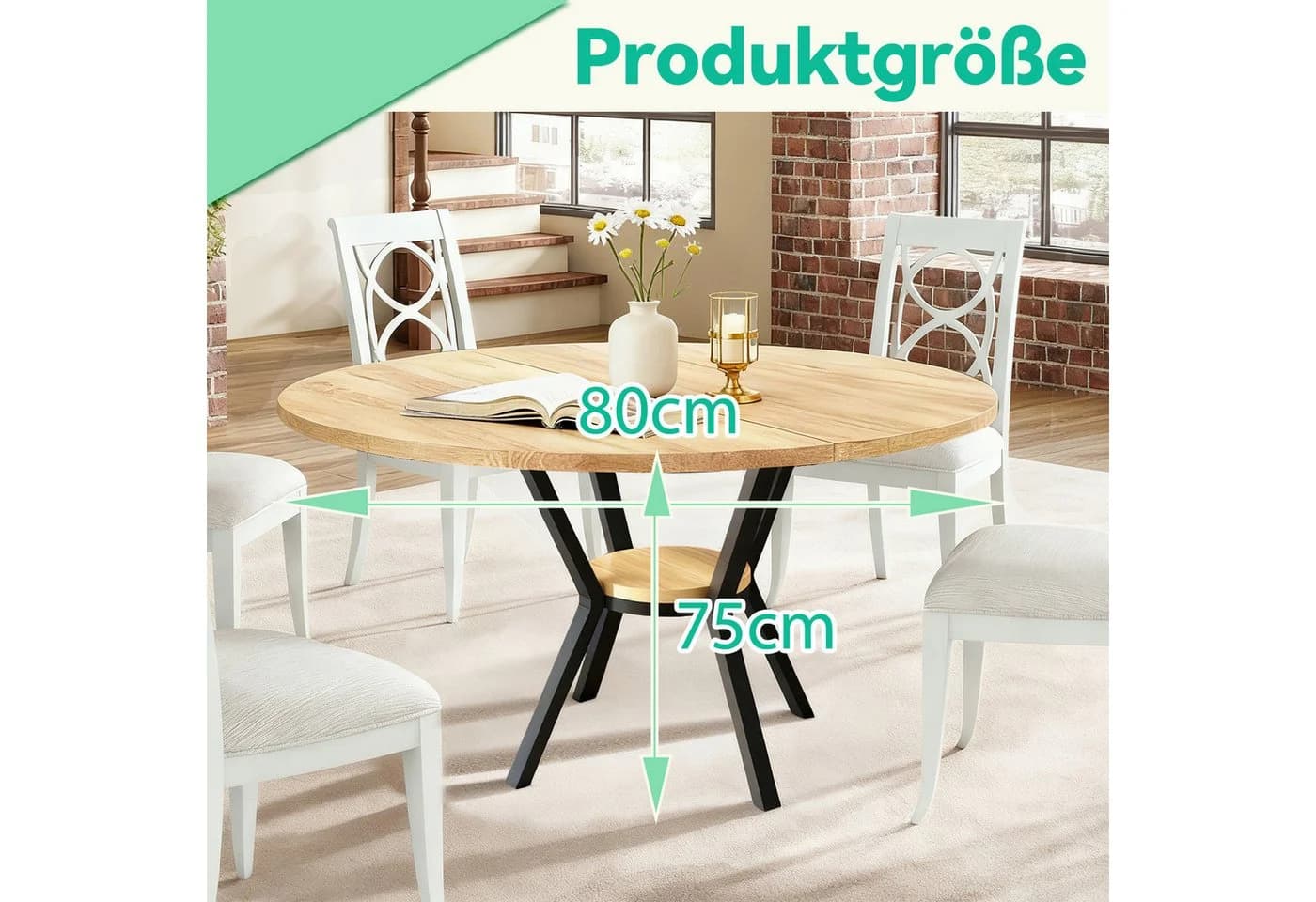 TWSOUL Esstisch Runder Küchentisch für 2-4 Personen, Esszimmertisch mit Ablage, 90x75 cm, Metallgestell