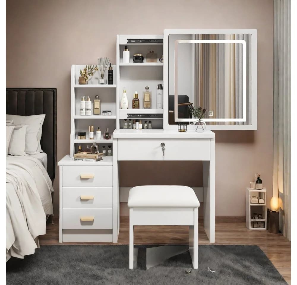 Schminktisch mit Spiegel und Hocker - Weiß - Modern - Bild 2