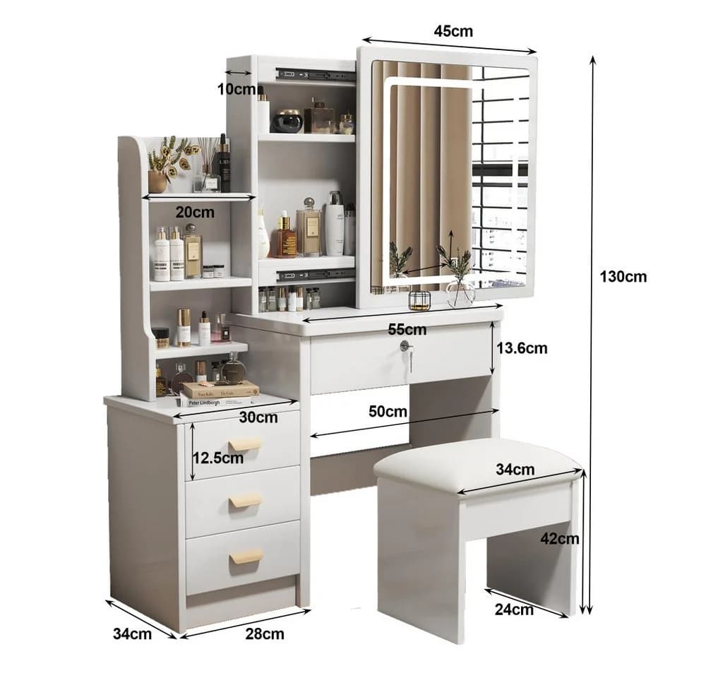 Schminktisch mit Spiegel und Hocker - Weiß - Modern - Bild 3