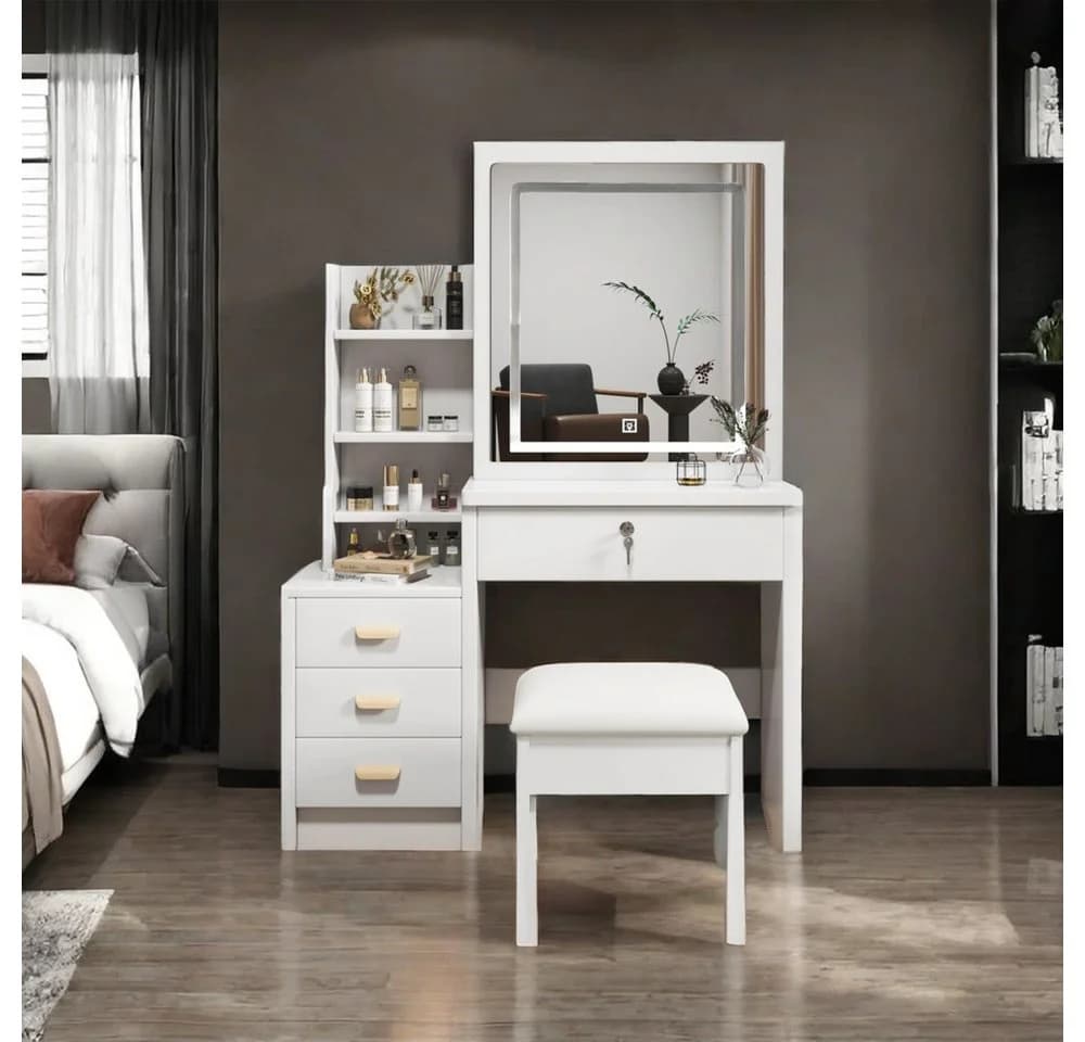 Schminktisch mit Spiegel und Hocker - Weiß - Modern - Bild 4