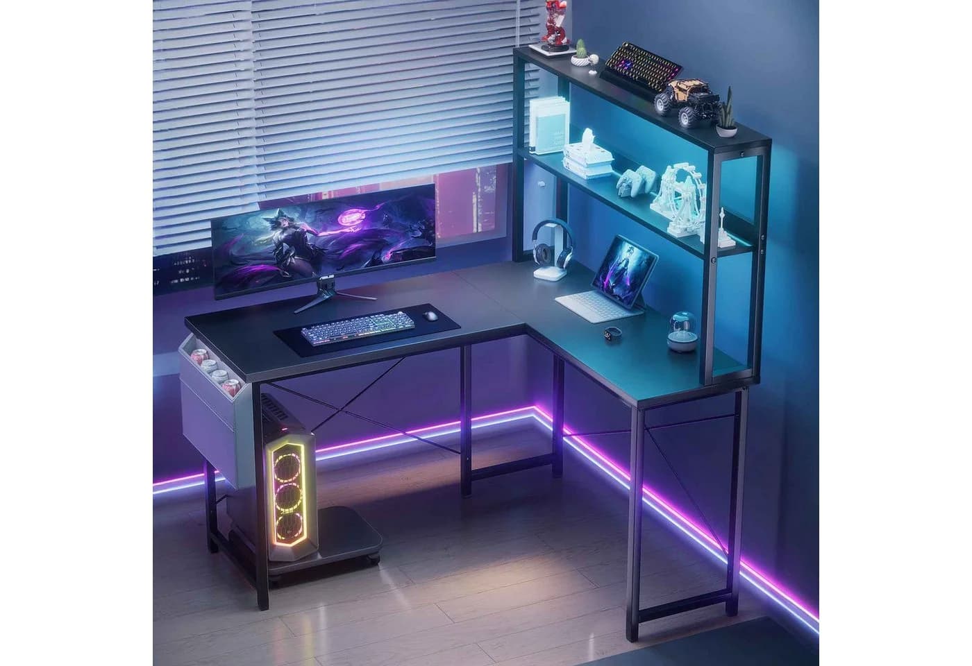 Aiorber Computertisch Eckschreibtisch L-Form Schwarz mit LED Ablage