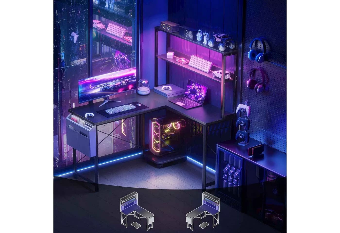 Aiorber Computertisch Eckschreibtisch L-Form Schwarz mit LED Ablage - Bild 3