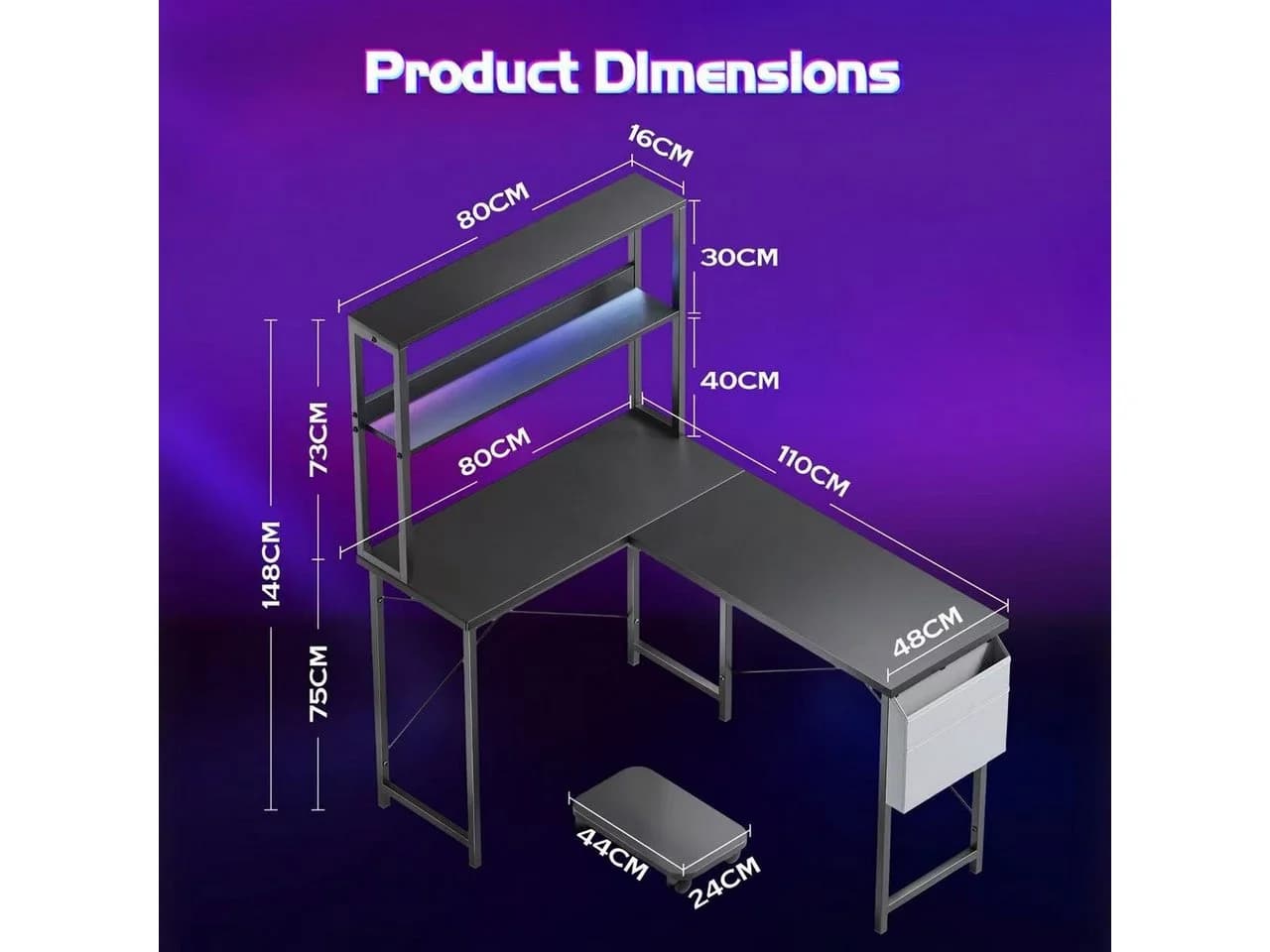 Aiorber Computertisch Eckschreibtisch L-Form Schwarz mit LED Ablage - Bild 4