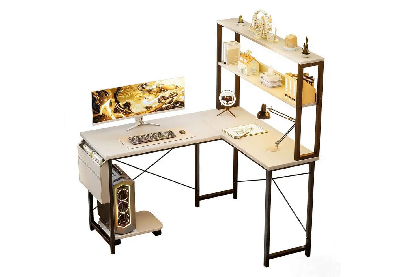 Aiorber Computertisch L-Schreibtisch Weiß mit Regal Seitentasche - Bild 2