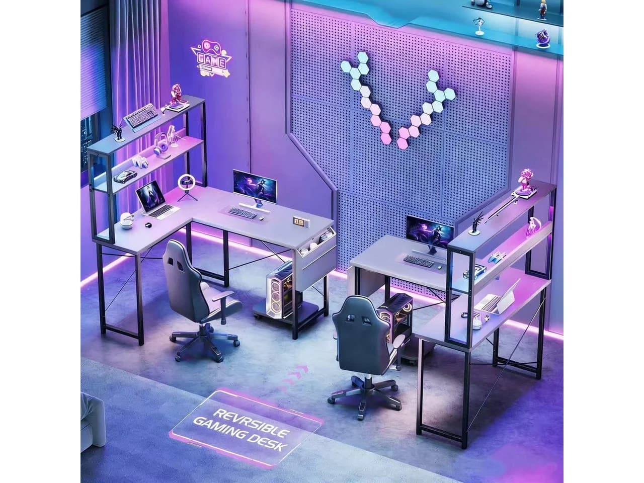 Aiorber Computertisch L-Schreibtisch Weiß mit Regal Seitentasche - Bild 3