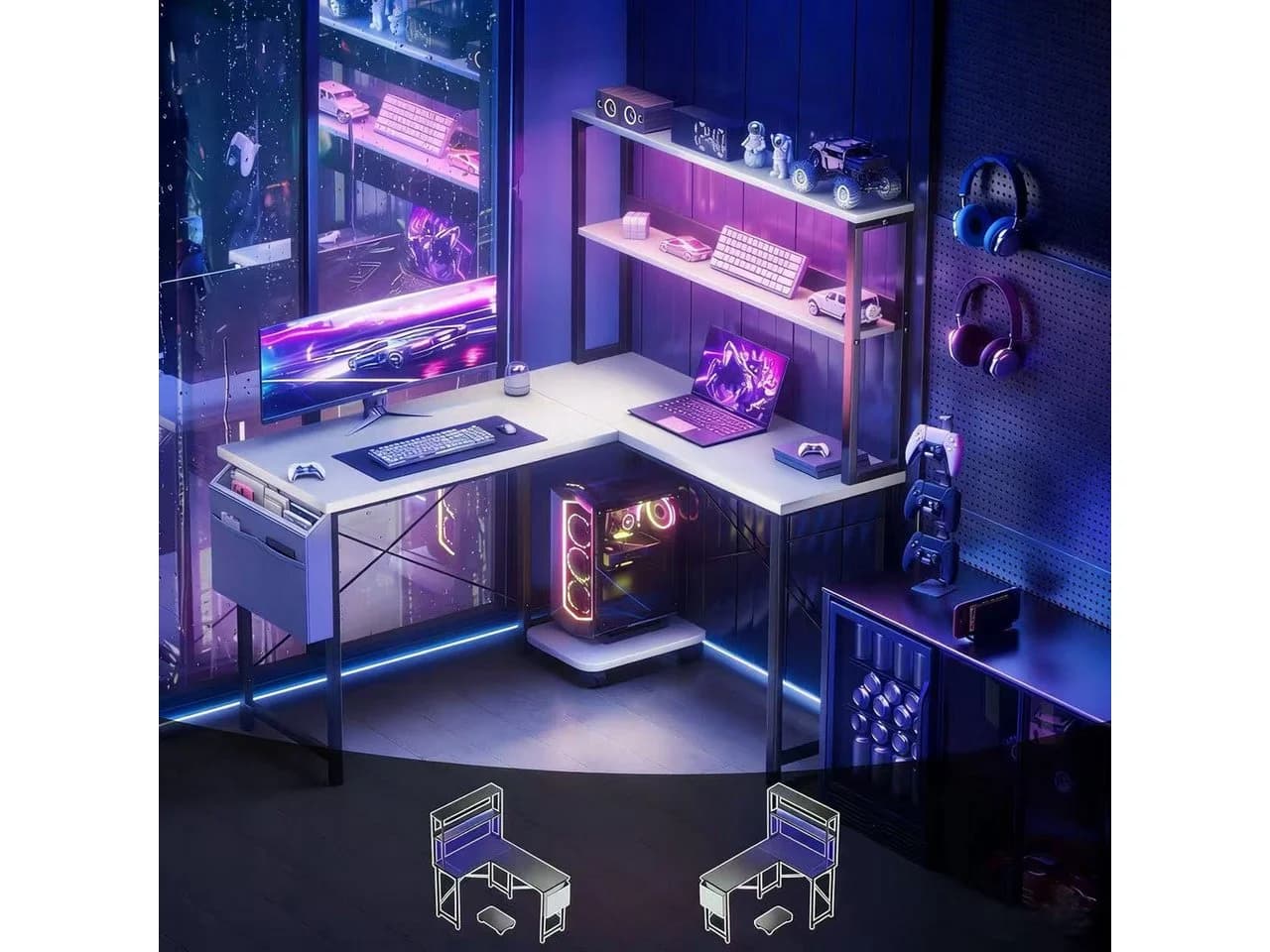 Aiorber Computertisch L-Schreibtisch Weiß mit Regal Seitentasche - Bild 4